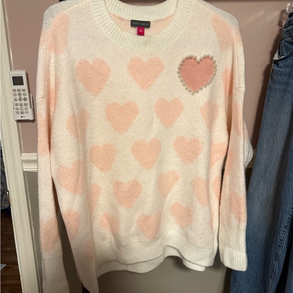 Vince Camuto Cream and Pink Heart Sweater - Picture 1 of 3